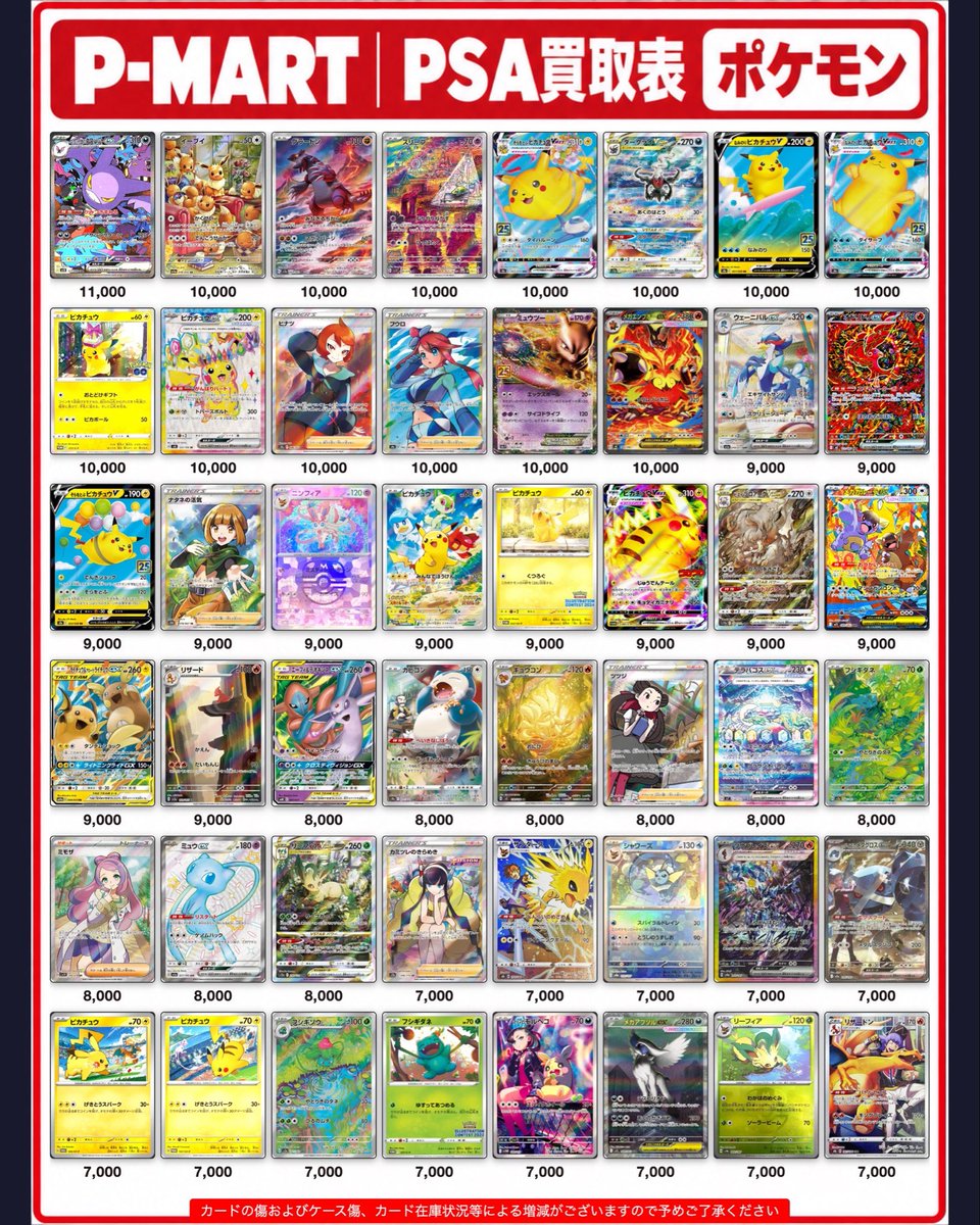 PMART_Kyoto's tweet photo. 【P-MART 京都店　買取表】

本日のポケカPSA10買取表になります🔥

こちらの買取表は当日のみ適応となります。
また、必要数集まった場合予告なく買取を締め切る場合がございますのでご了承ください。
 
⚠️買取表記載のカードのみの買取となります。

#ポケモンカード
#PSA 
#ポケカ
#トレカショップ https://t.co/hnGdmlJC5F