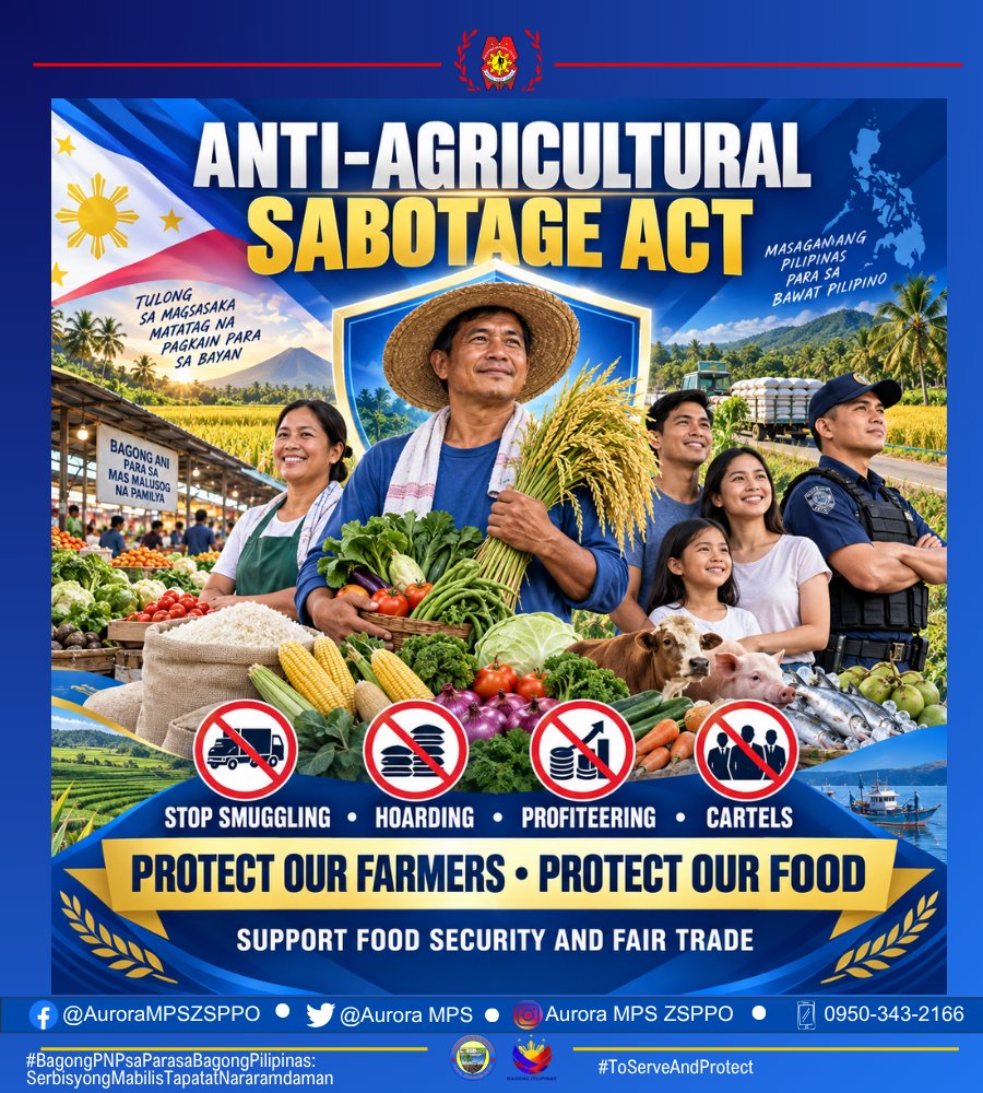 AuroraMPS's tweet photo. 𝐏𝐑𝐎𝐓𝐄𝐂𝐓 𝐎𝐔𝐑 𝐅𝐀𝐑𝐌𝐄𝐑𝐒. 𝐏𝐑𝐎𝐓𝐄𝐂𝐓 𝐎𝐔𝐑 𝐅𝐎𝐎𝐃.

Let us support food security, fair trade, and the welfare of every Filipino farmer. Report suspicious activities involving agricultural and fishery products to the proper authorities. https://t.co/gE98ny2Fac