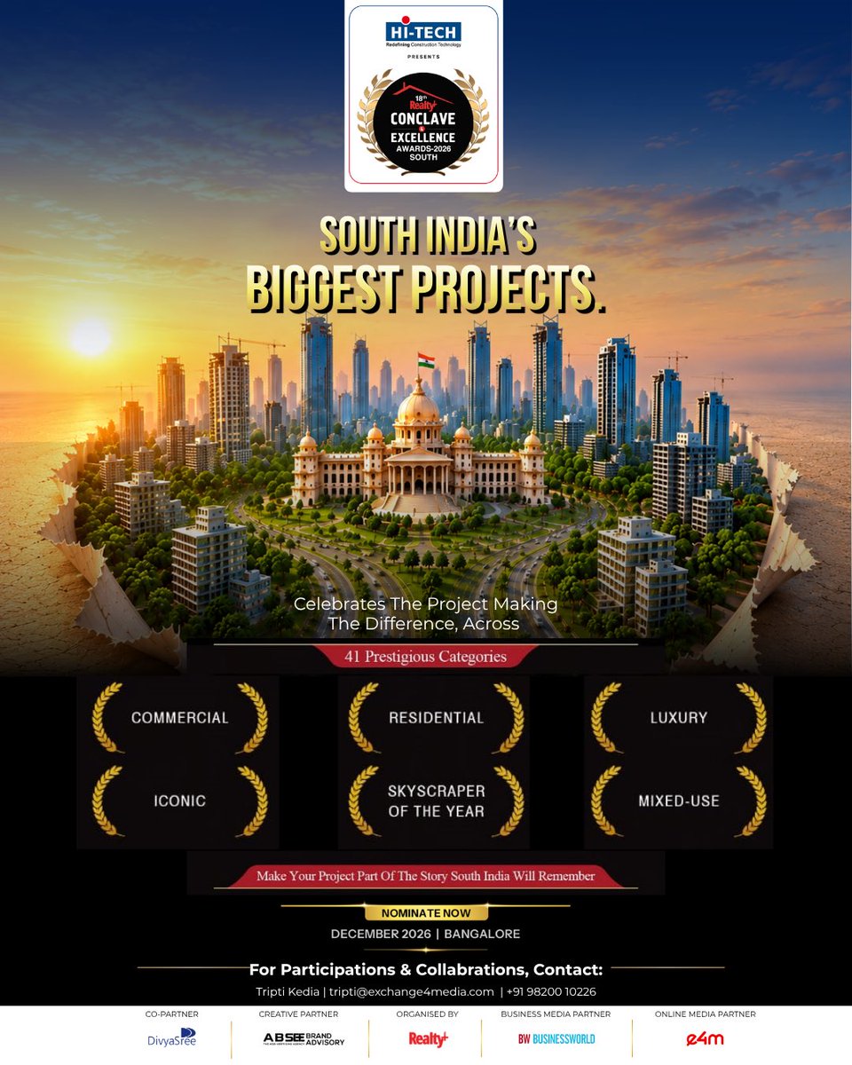 RPRealtyPlus's tweet photo. South India’s Biggest Projects.
41 prestigious categories. Landmark projects. Industry-defining excellence.
Make your project part of the story South India will remember.
Nominate Now: https://t.co/DsFVthplHo
📅 December 2026 | Bengaluru
#RealtyPlus #RealtyAwards #SouthIndia https://t.co/gb6o5Islo8