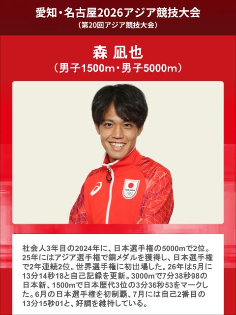 jaaf_official's tweet photo. /／
【#アジア大会】
🇯🇵日本代表選手紹介✨
\＼

◆男子5000m
🇯🇵#森凪也（Honda）
🇯🇵#山口智規（SGH）

📣応援メッセージ募集中‼️
https://t.co/e50PE5sb8V

⏱スケジュール
・決勝：9月29日（火）20:15

✅特設サイト
https://t.co/NPQIbPc2Bk
📝日本陸連公式ガイドブックはこちら
https://t.co/OSbV6ezFnL

#愛知名古屋2026 #TEAMJAPAN #ともに一歩踏み出す勇気を #JAAF #陸上 ©️JOC