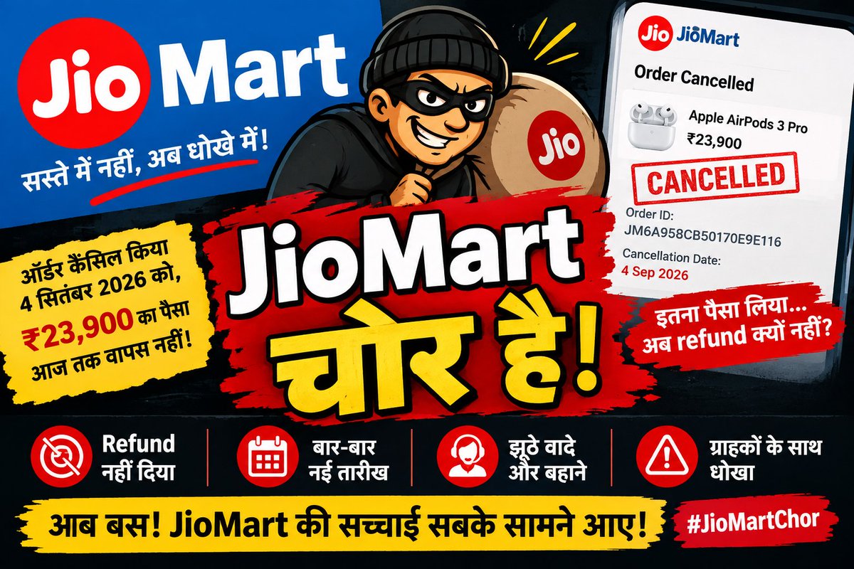 factsphere24's tweet photo. 4 सितंबर 2026 को ₹23,900 का prepaid JioMart order cancel हुआ।
आज 22 सितंबर है, लेकिन refund अभी तक नहीं मिला।
हर बार नई तारीख, नया ticket, नया आश्वासन—लेकिन पैसा वापस नहीं।
JioMart, जवाब दो: मेरा ₹23,900 कब वापस करोगे? @JioMart_Support @JioMart @RelianceDigital @reliancejio https://t.co/6wbQycJrWW