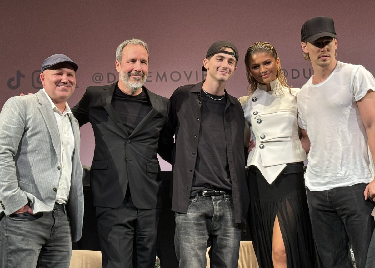 throwbackab's tweet photo. September 21st 2025 - Austin Butler, Timothée Chalamet, Zendaya and Denis Villanueve at the Q&amp;A for 'Dune' https://t.co/1XEb11tL68
