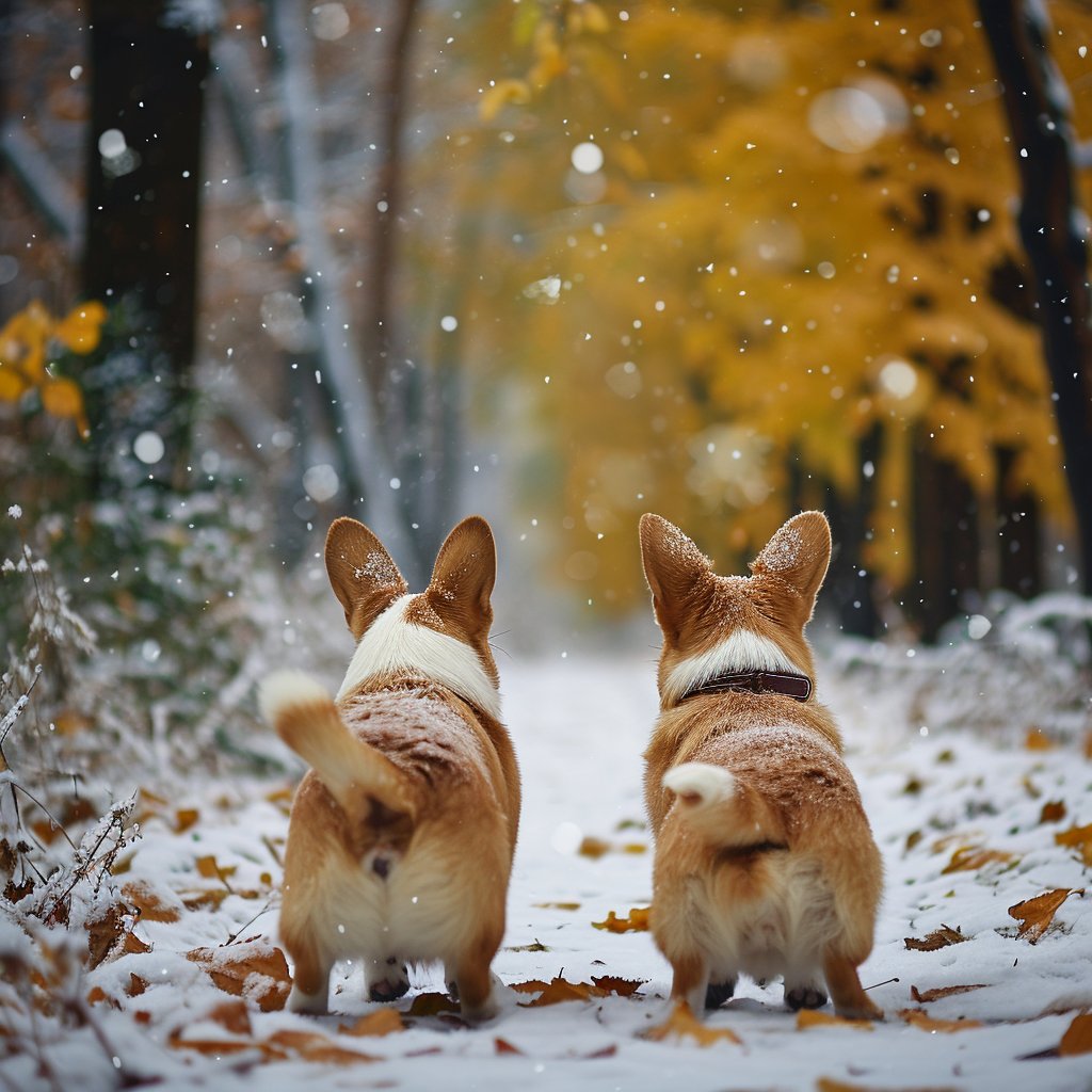 oepomo's tweet photo. Corgi pup’s 1st snow day = zoomies, tiny paw prints, and a whole lot of warm snuggles ， https://t.co/oZXuX3Hm6z