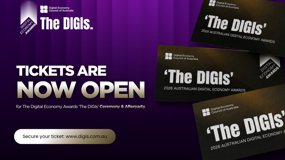DECAustralia's tweet photo. Tickets are now on sale for The DIGIs Ceremony &amp; Afterparty.

Join the sector for an evening celebrating the people, businesses and innovations shaping Australia’s digital economy.

Secure your ticket: https://t.co/9pdy60tqIG
#digis2026 https://t.co/s3xpnKgwCs