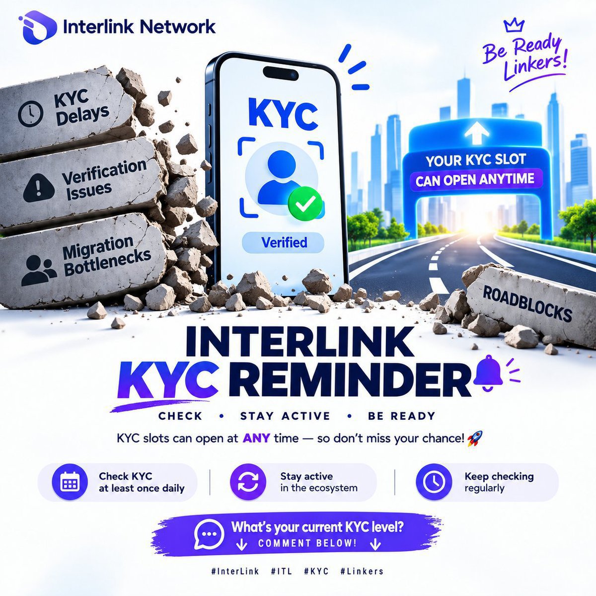 InterLinkID's tweet photo. 🚨 INTERLINK KYC ALERT 🚨💜

Still waiting for your KYC slot? 👀

Don't get caught sleeping when your turn arrives! ⚡

The KYC system is getting faster, smoother, and more Linkers are being processed every day. 🚀

✅ Check your KYC status daily
✅ Stay active in the ecosystem
✅ Be ready when your invitation appears

One missed notification could mean a longer wait... 👀

💜 Your KYC slot can unlock at ANY moment.

👇 Drop your current KYC level below:

🅰️ Waiting for L1
🅱️ L1 Complete
🅲️ Waiting for L2
🅳️ L2 Complete
🅴️ L3 Complete

#InterLink #ITL  #KYC