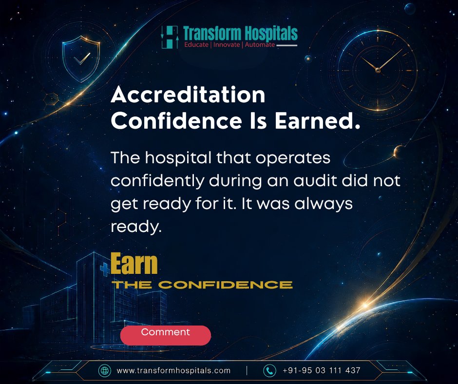 Transform_Hosp's tweet photo. Accreditation confidence is the output of 365 days of system discipline.
Quality isn't built before the audit. It is built every day.
π +91 99624 16077 | +91 75075 05318
#NABH #TransformHospitals #QualityCulture #HospitalAccreditation #QualityManagement https://t.co/tn2z7lplIs