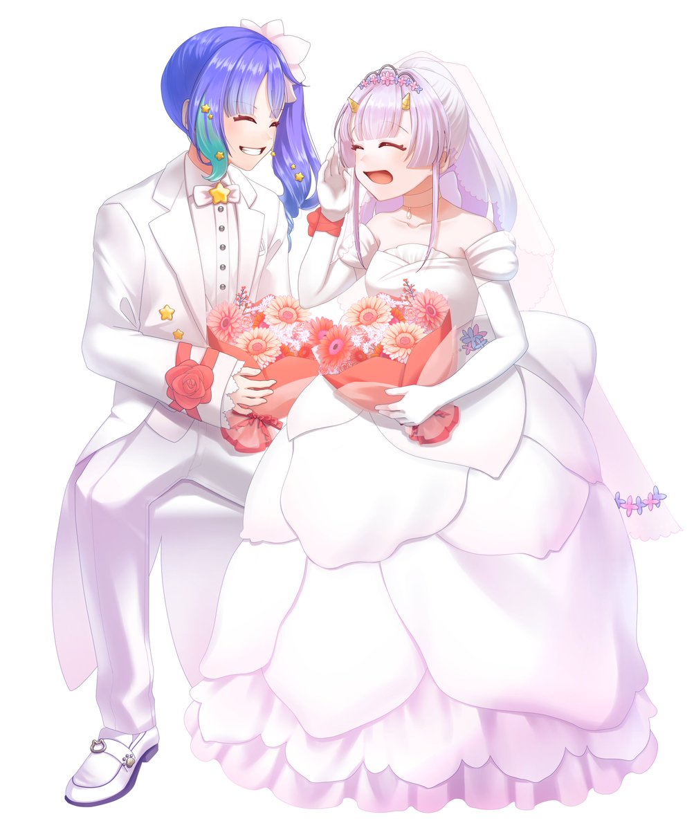 Azisai_Shigure's tweet photo. 配信でお伝えさせていただきましたが、
私、時雨紫陽花は
最愛の姉、比奈里りこさんと入籍いたしました。
夫婦としてこれからもよろしくお願いします。
イラスト（敬称略）
SONA @sona_hotori 
おやすみナイトベアー @goodnight_kuma https://t.co/Q3jhNkcIdu