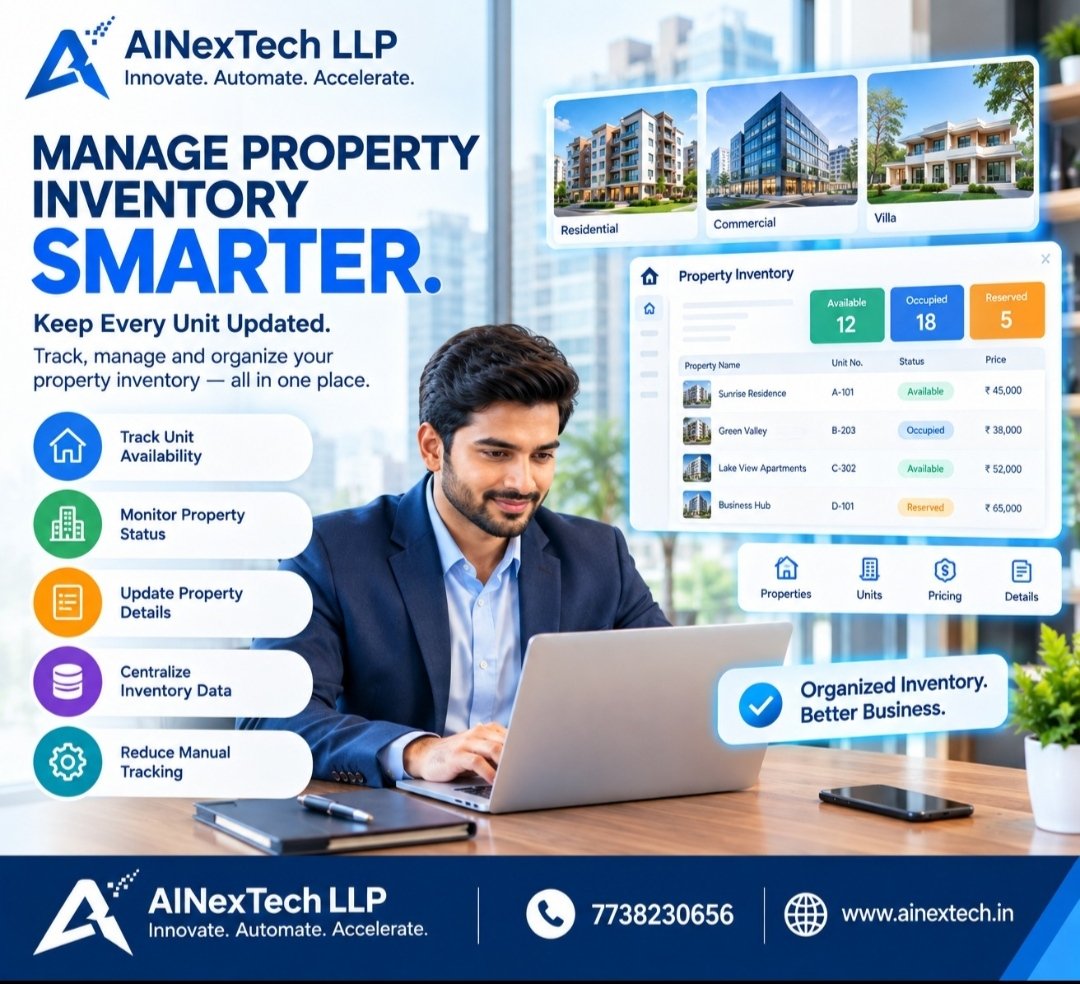 ainextechllp's tweet photo. 🏢 Know What’s Available. Keep Inventory Organized.
Track property availability, unit status, pricing and property details from one centralized system.
#AINexTech #RealEstate #PropertyInventory #PropTech #RealEstateAgency #RealEstateAgent #RentalAgreementAgency https://t.co/F7XOODGhQu