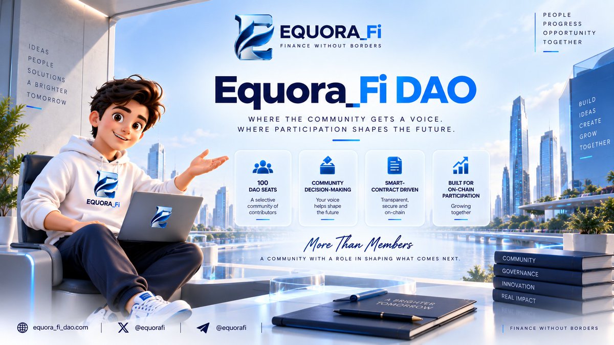 EquoraFi's tweet photo. 🌐 Equora_Fi DAO

Where the community gets a voice.
Where participation shapes the future.

Equora_Fi DAO is designed to bring community participation, decentralized decision-making, and shared ecosystem growth together.

👥 100 DAO Seats
🗳️ Community Decision-Making
⛓️ Smart-Contract Driven
🌐 Built for On-Chain Participation

Not just members.
A community with a role in shaping what comes next.

💙 Equora_Fi DAO
People. Participation. Progress.