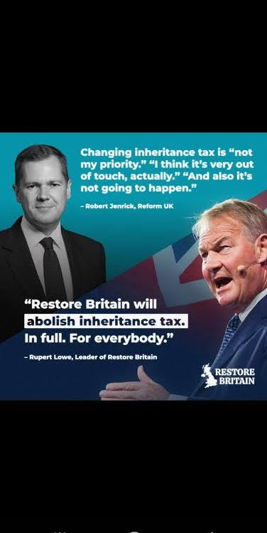 patriotismbrit's tweet photo. Rupert Lowe’s Restore Britain wants to abolish inheritance tax  a major change for families passing on homes, farms and businesses.
Under current UK rules, inheritance tax is generally charged at 40% on the portion of an estate above the applicable tax-free thresholds, although exemptions and reliefs can substantially change the bill. Restore Britain proposes abolishing the tax entirely, arguing that families should be able to pass assets between generations without an inheritance-tax charge. 
For a family farm or small business, that distinction can matter because much of the estate’s value may be tied up in land, buildings or the business itself rather than sitting in cash. Restore Britain specifically presents those families as beneficiaries of its proposal. But abolition would also remove revenue currently collected by the Exchequer; Restore says it would offset that through spending reductions elsewhere. That is the party’s proposal, not enacted policy.