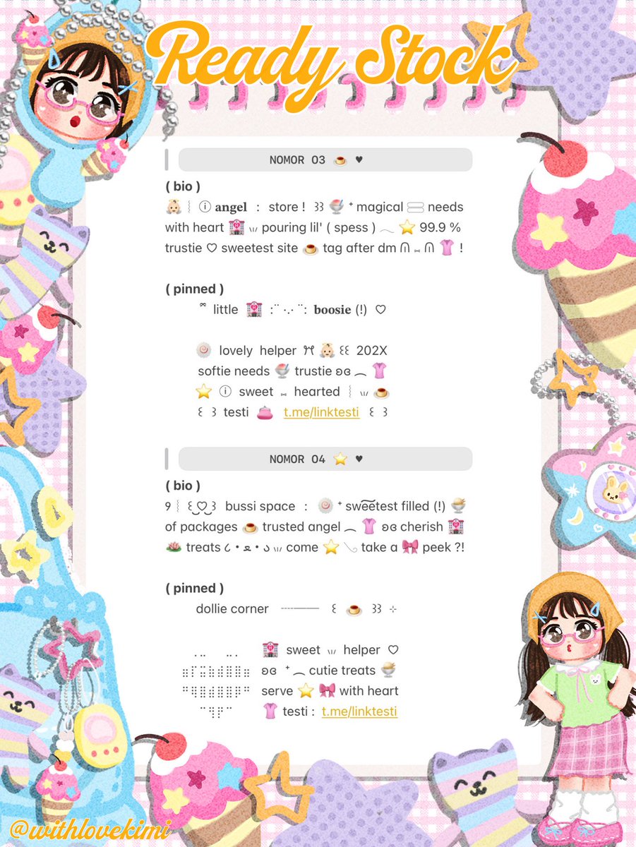 lieszze's tweet photo. ⠀
⠀⠀♥︎  ︴꒰⠀help retweet? arigatOu!⠀꒱
⠀⠀╭──⠀#bealanja  ୨୧

⠀⠀Moshi⠀__⠀mOsh?!⠀ready stock⠀🍤
⠀⠀🪁 ☘️  wording  pinned  dan  bio  🎒
⠀⠀siap⠀dibeli! 🌈 𓈈⠀sekarang!  :¨ ·.· ¨:
⠀⠀ⓘ  ☆   harga:⠀IDR  9.000⠀coins 🥝

⠀⠀꒰⠀꒱⠀⑅⠀yuk  jajan !  🍮
⠀ https://t.co/uVUFQqLKM9