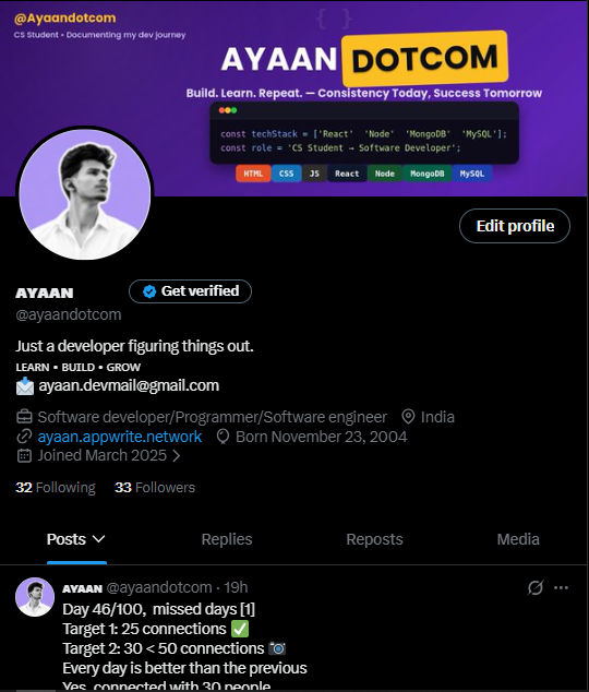 ayaandotcom's tweet photo. Day 47/100,  missed days [1]              
Target 1: 25 connections ✅     
Target 2: 32 < 50 connections 📷     
Every day is better than the previous                  
Yes, connected with 32 people               
Let's connect, brothers &amp; grow together.           
#connect https://t.co/8GOWLRaIUV