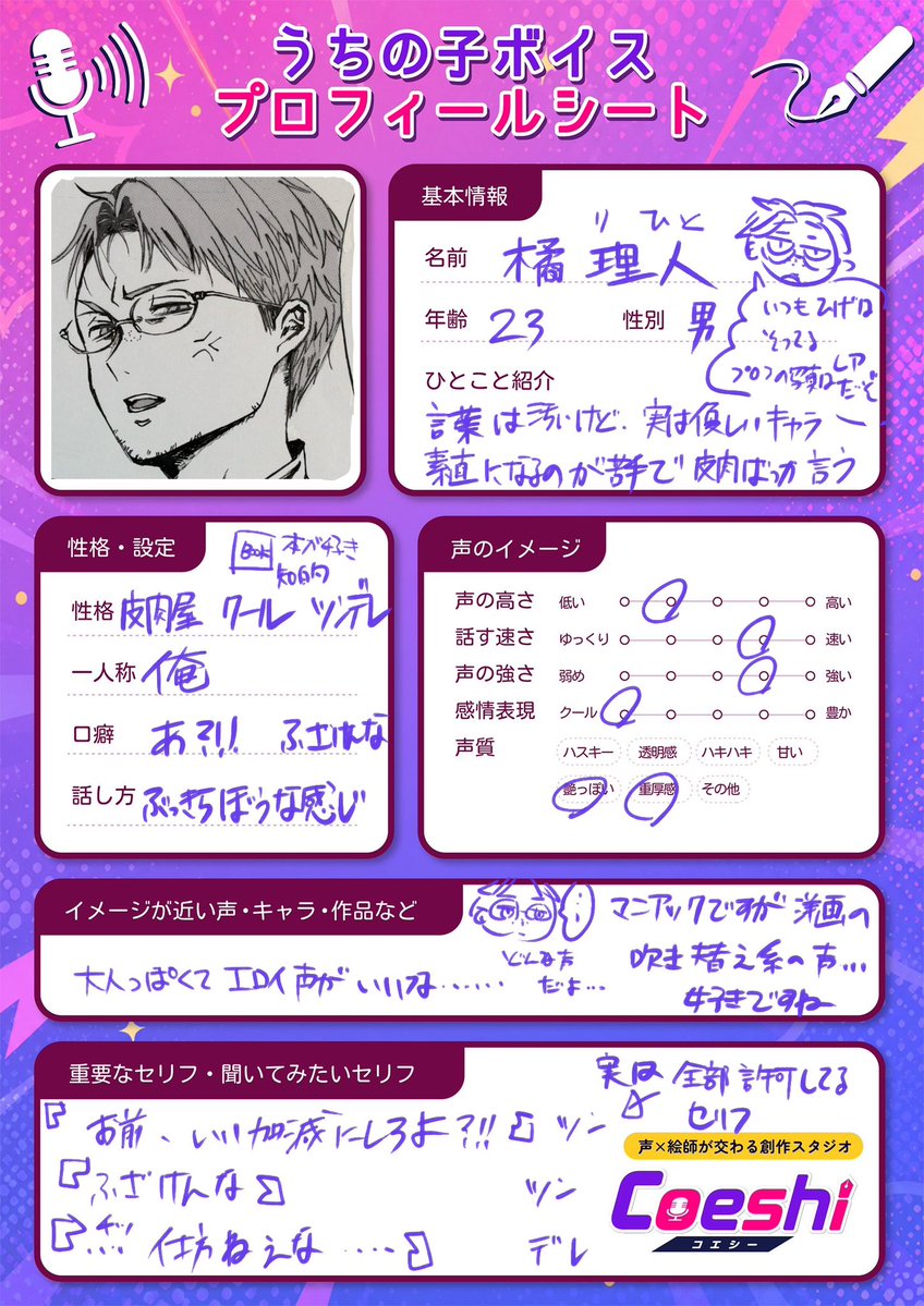 roron123's tweet photo. #Coeshi 
私の漫画のキャラでプロフ描いてみました！声のイメージ真剣に考えたことないから、楽しかった！あくまでイメージなので、自由に演じてもらえたら嬉しいです。 https://t.co/XgrRnbdnwE