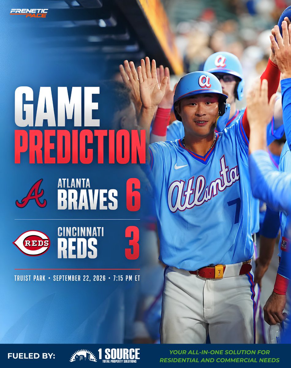 FPSportsMedia's tweet photo. Catch the powerhouse Braves opening a thrilling new series at Truist Park tonight! ⚾

#AtlantaBraves #RedsBaseball #MLBPrediction #BravesCountry #MLB2026 #Freneticpacesports

Read Here:

https://t.co/NXWx91y58h

One Source Total Property Solutions: https://t.co/8nULascTgU https://t.co/gxMG84DZU8