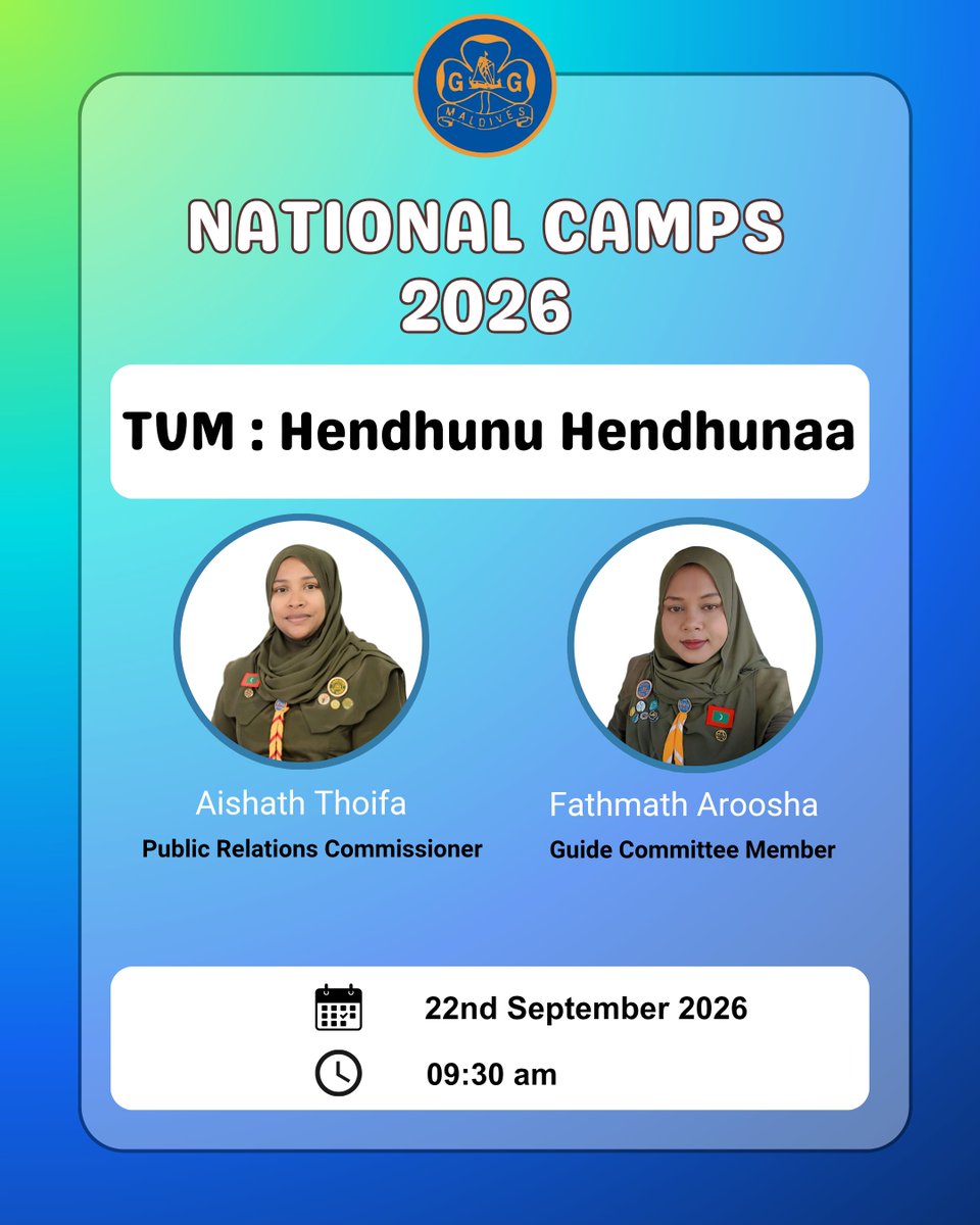 GirlGuidesMv's tweet photo. We’re Going LIVE on Hendhunu Hendhuna!

Join the Maldives Girl Guides Association live on "Hendhunu Hendhuna" today at 9:30 AM as we share more about our national-level camps, the opportunities they create for girls and young women, and what’s coming up in our Guiding journey. https://t.co/SWMFQNPmGv