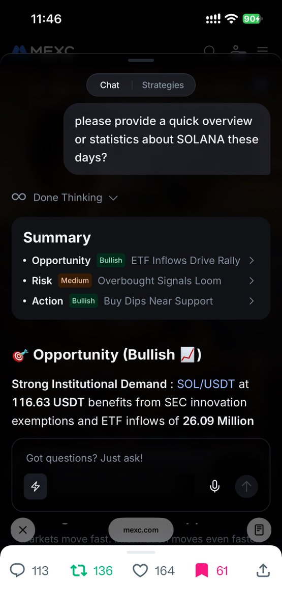 sunsetlaps's tweet photo. @MEXC_AfricaBU tried this mexc ai feature for the very first time and it is so easy to navigate. really helpful when you are looking into market insights and theyre also presenting it in a way thats not so overwhelming at all. really great idea! #TradingTakesTwo #MEXCAI
#mexc uid: 79341327 https://t.co/Ou40m6YWbv