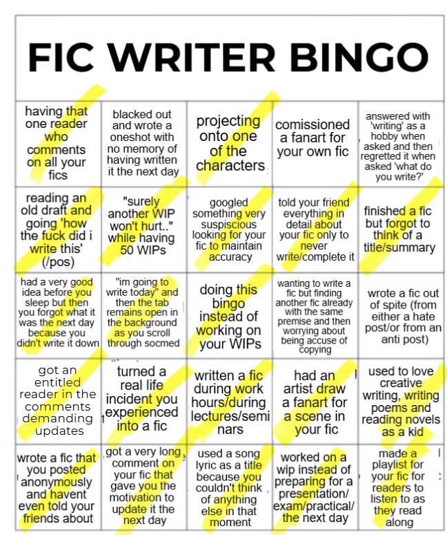 ahypeactivehero's tweet photo. so funny that the writer one had multiple bingos but the reader didn’t even get one 😭 https://t.co/XSkua2FrOy