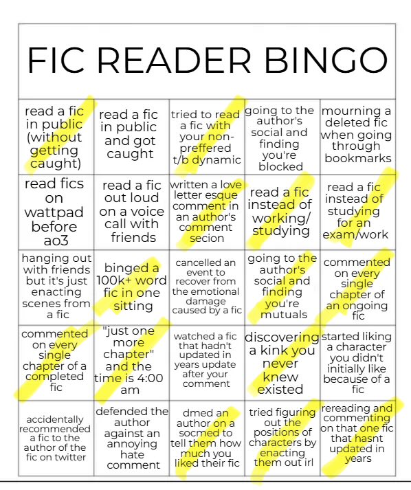 ahypeactivehero's tweet photo. so funny that the writer one had multiple bingos but the reader didn’t even get one 😭 https://t.co/XSkua2FrOy