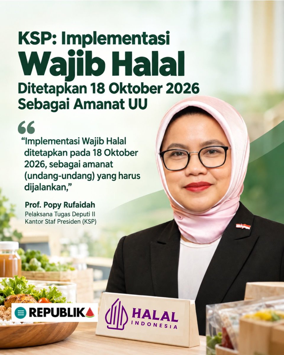 AmeliaTanayaka's tweet photo. Kalau aturan sudah ditetapkan, saatnya implementasi dijalankan dengan serius. Wajib Halal mulai 18 Oktober 2026. #WajibHalalOktoberDidukung Jaga Kedaulatan Bangsa https://t.co/FW2FPgJYDy