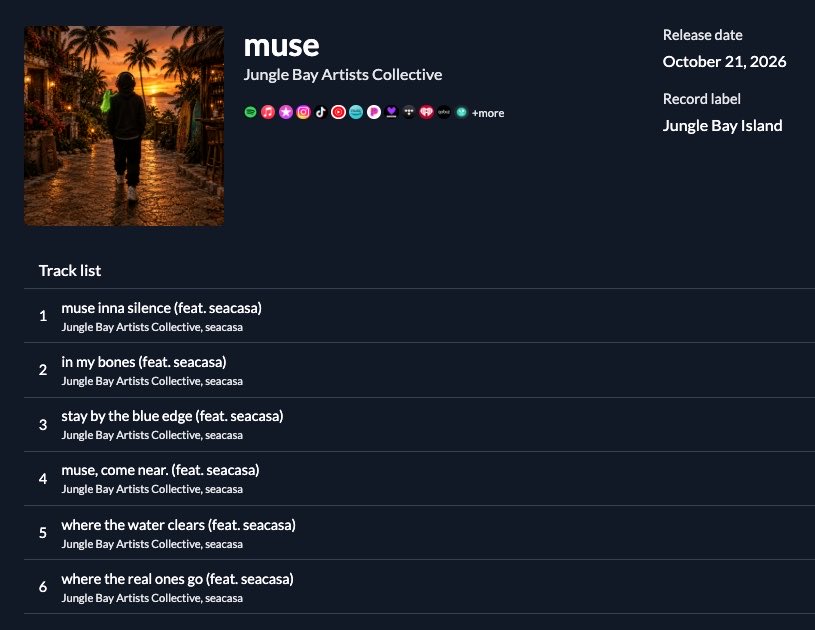 _seacasa's tweet photo. Sept. 25: @JungleBayAC first album ‘BAYLA’ goes live on all streaming platforms.

Oct. 21: my 1st album ‘muse’ goes live on all streaming platforms under the ‘Jungle Bay Artists Collective’ umbrella. 

Pre-save my new album "muse" on Spotify: https://t.co/5kgcAys30G (powered by @distrokid)

solana:7hmVkPXmVagxoptAEpx4jBzZVHwGLdFj6c1y42qxpump