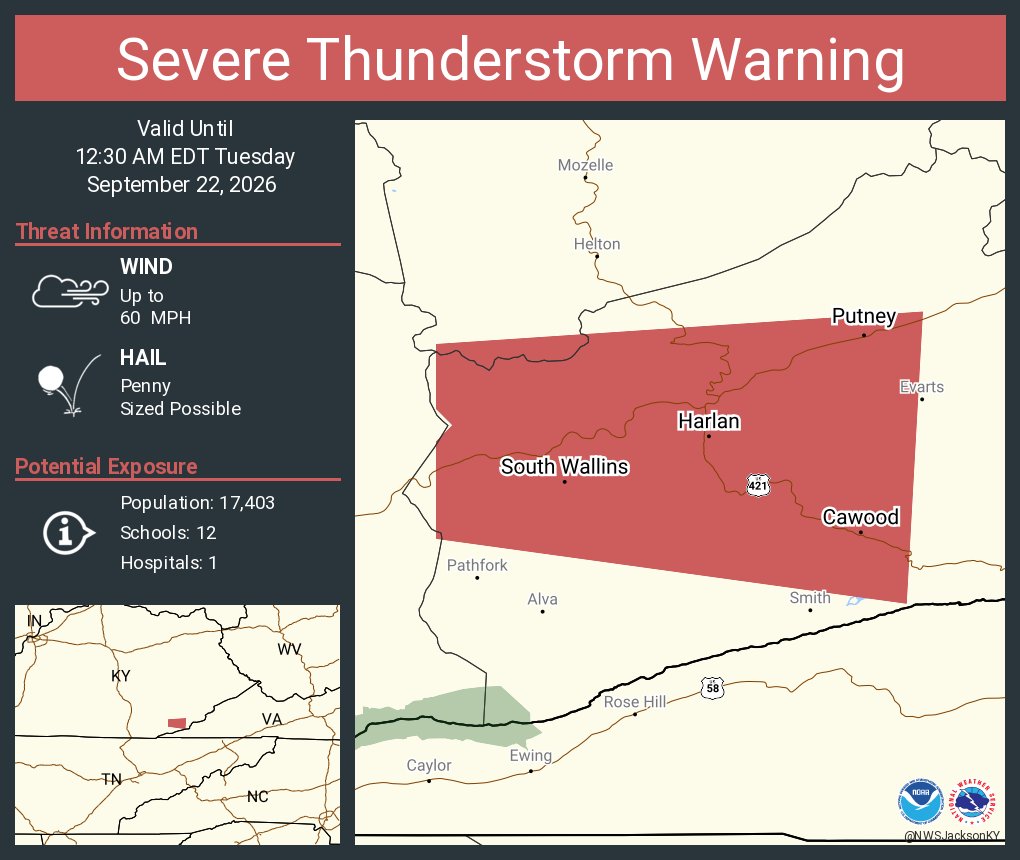nwsjacksonky's tweet photo. Severe Thunderstorm Warning including Harlan KY, Loyall KY and  South Wallins KY until 12:30 AM EDT https://t.co/qtvtqIYTdu