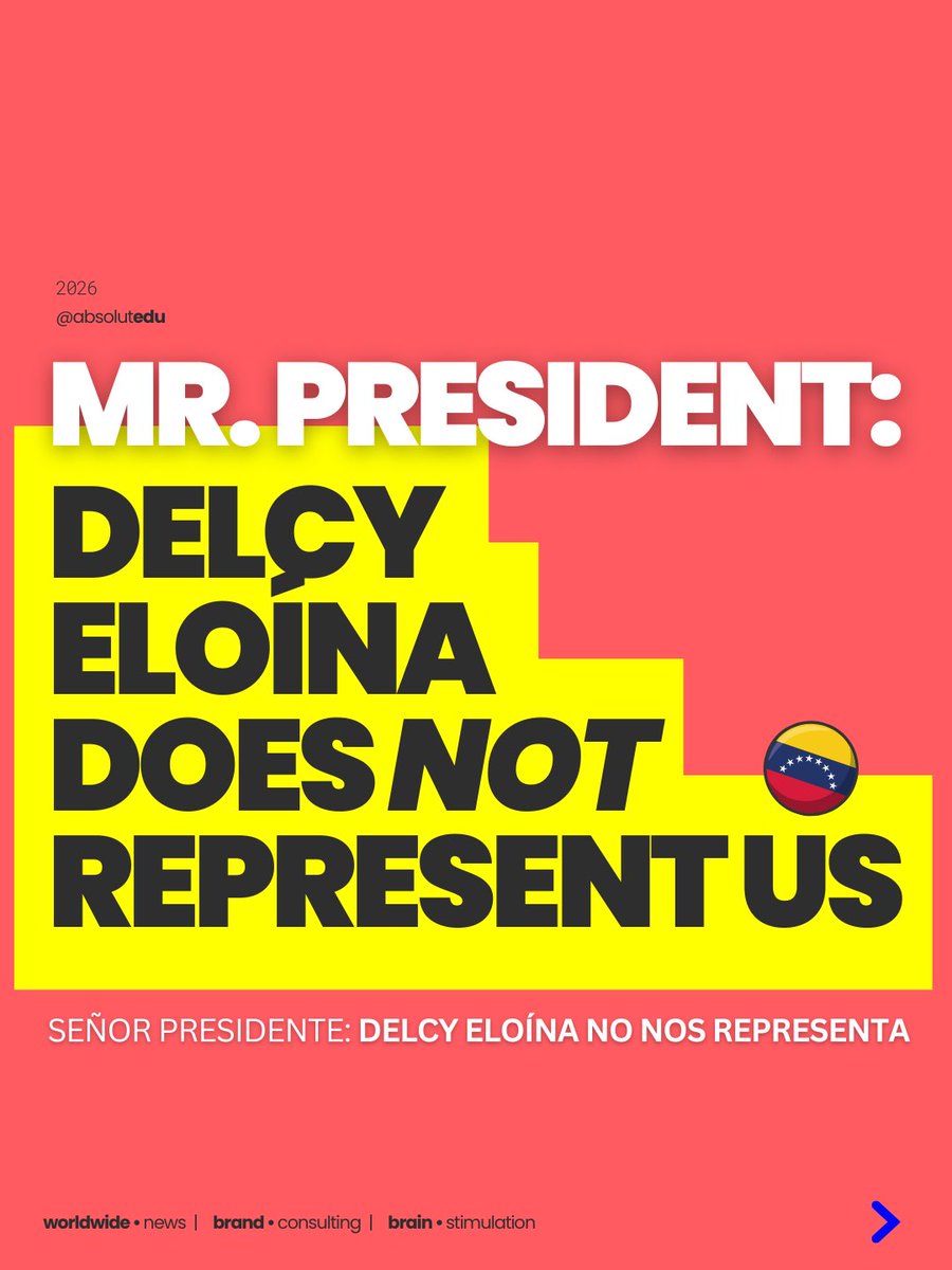 ABSOLUTEDU's tweet photo. Delcy Eloína Rodríguez was not elected in a free vote to govern Venezuela. She does not represent the will of those who remain in the country, those who were imprisoned for thinking differently, or those who were forced to leave in order to survive.

Delcy Eloína does not represent us.
Read more here: https://t.co/fWrcNb8j9W