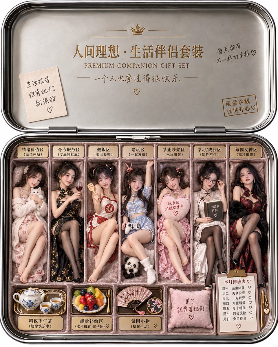 Rolf7077's tweet photo. 一个普通的铁盒里面装下了多少人的梦想？
参考生图提示词1：把这个空盒子装满三妻四妾！
参考生图提示词2：一个打开的高级不锈钢收纳盒，内部像奢华珠宝盒一样分层陈列，但里面不是首饰，而是“我的专属三妻四妾豪华套装”：7位成年美女以迷你真人手办般的方式整齐坐在柔软丝绒隔层里，每个人气质完全不同——温柔贤惠型、御姐型、古灵精怪型、知性型、元气型、撒娇型、冷艳型。她们穿着精致但不暴露的中式改良睡袍、旗袍、丝绸家居服，神态各异，有人端茶、有人拿水果、有人拿小扇子、有人抱着迷你枕头，还有人一脸“今天轮到我值班”的无奈表情。盒子里还有夸张搞笑的小标签和专属卡槽：“情绪价值区”“做饭区”“夸夸服务区”“陪玩区”“禁止吵架区”“本月排班表”。整体像一个极其离谱但制作精良的“人生顶配伴侣礼盒”，构图对称、细节丰富、视觉密度高，带一点土豪审美和网络梗感，表情自然搞怪，不低俗，不色情，不出现未成年人。超写实3D摄影质感，广告级布光，金属反光，丝绒材质，奢侈品产品摄影，俯拍视角，幽默荒诞，精致又沙雕，画面干净，高级感和搞笑感同时存在。
一周7天，安排得妥妥当当的！
评论区晒晒你们盒子里面的梦想！