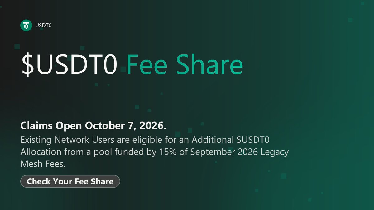 USTOHUB's tweet photo. $USDT0 Fee Share Claims Open October 7, 2026.

Existing Network Users qualify for an Additional $USDT0 Allocation from a pool funded by 15% of September 2026 Legacy Mesh Fees.
                                                              
Check Your Fee Share ↓
https://t.co/RYPd4sl7m7