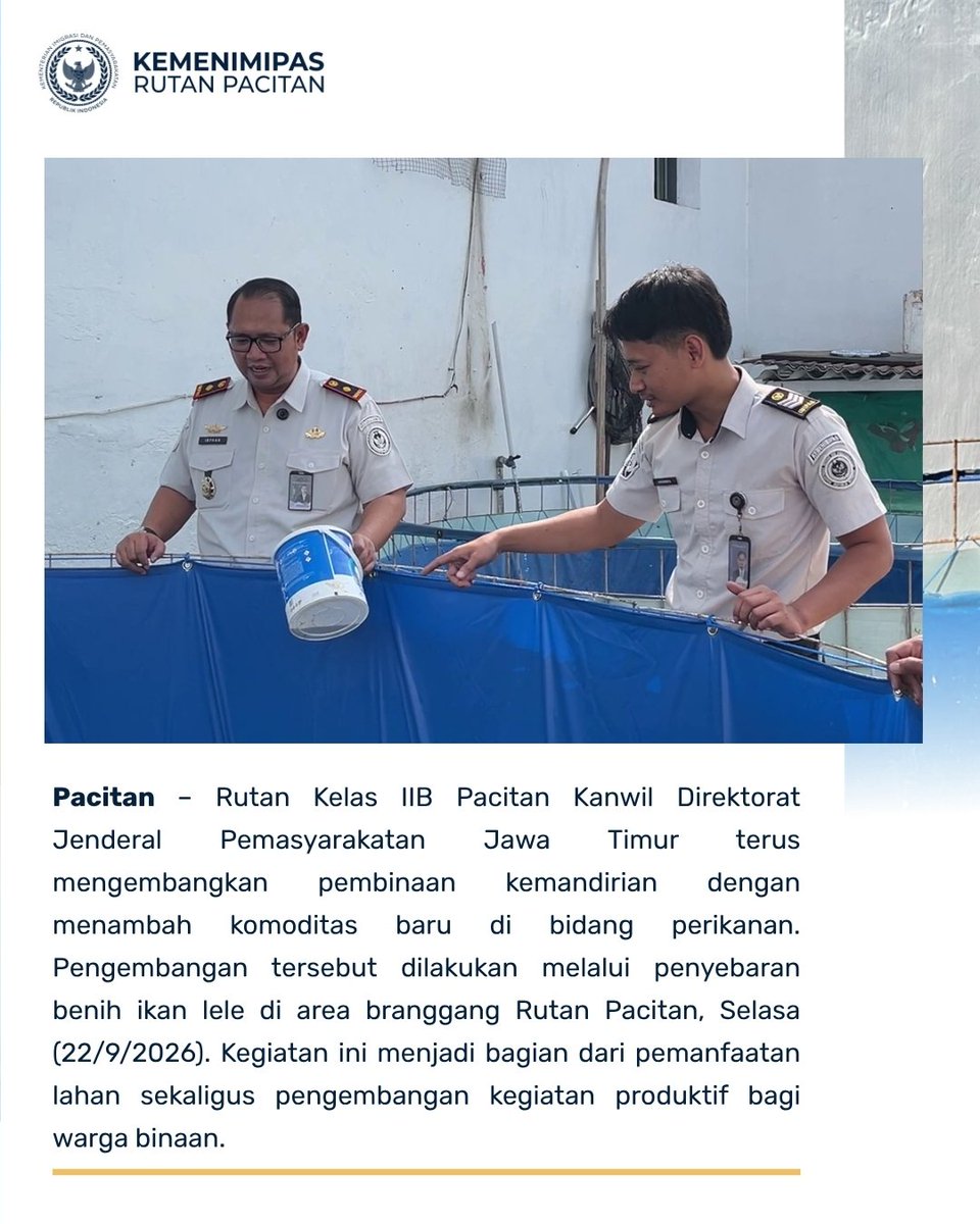 Rutan_Pacitan's tweet photo. Kembangkan Komoditas Baru, Rutan Pacitan Tebar Benih Lele di Area Branggang https://t.co/6DKowy3aIf