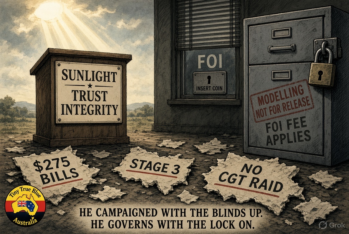 TrueBlue151438's tweet photo. He sold “sunlight.” He delivered a FOI fee and a missing spreadsheet.
Opposition-leader Albanese, 2019 Labor and Democracy speech: the delays, obstacles, costs and exemptions make it easier for government to hide information. “That is just not right.” 2022 campaign: restore trust, an integrity commission, no more Morrison secrecy. “My word is my bond.” Re-election 2025: same hymn sheet. Centre for Public Integrity scorecard after the second win: fail on five of six integrity tests; Senate document compliance 32.8 per cent versus Morrison’s 48.7. FOI full grants collapsed; refusals rose. Then they introduced a bill to put a price on asking. Ley called it a truth tax. The man who ran against secrecy tried to meter it. https://t.co/Uttstab9aV
The modelling that never leaves the building
Powering Australia / RepuTex: “most comprehensive modelling since Federation.” $275 then $378 off bills, 82 per cent renewables, 604,000 jobs. By March 2025 he would only say: it’s RepuTex’s modelling. The file had already been scrubbed from the ALP site.
NDIS sustainability cuts: Treasury FOI blocked as cabinet / federal-state secrecy.
Negative gearing and CGT: Treasury numbers sat in a drawer until the take leaked — tens of billions. He had ruled the changes out before the vote. After the Budget he said they “changed our position.” Hanson: if you lie once, why not again.
Stage 3: promised 30-plus times, then rewritten. Treasury’s own decade score: about $28 billion extra to Canberra via bracket creep.
Net Zero: first Chalmers Budget called climate the generational imperative. The 2026-27 speech barely said the words. Underwriting for foreign-owned renewables sits off-budget. No full public liability. The RBA this month would not even run a 2 per cent spending-cut scenario. Canberra will not cost its own habit.
https://t.co/JudahKvUvP
Bondi and the quiet files. After Australia’s worst massacre since Port Arthur, the argument was not only policy. It was what the public was allowed to see: delayed or narrowed royal-commission material, ASIO “major” plots described after the fact, targets unpublished, ministers waving “probable” while refusing the list. Transparency is not a press conference. It is the annex.
Key points
Promised sunlight. Built a darker FOI.
Promised cheaper power. Disowned the model.
Promised no CGT/negative-gearing raid. Passed the raid.
Promised integrity. Cut opposition staff and gagged his own backbench on the Budget so they would not have to own it on the record.
He did not forget the speech. He outgrew the audience.
References: Albanese 2019 Labor and Democracy · CPI Integrity Report Card Oct 2025 / Guardian FOI July 2025 · The Australian RepuTex walk-back Mar 2025 · Treasury FOI NDIS · Stage 3 $28bn analysis · Nightly Budget gag Jun 2026 · Grattan on broken CGT word
True Blue Australia. One flag. One law. One model they will not show you.