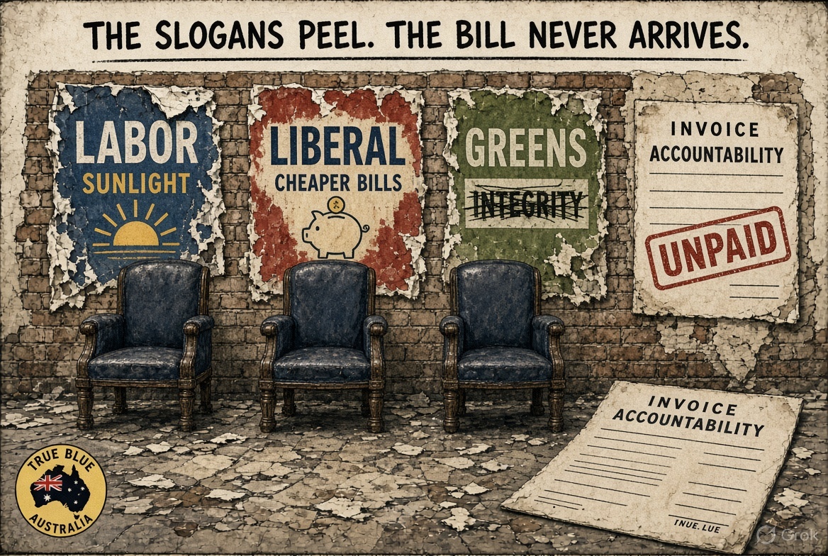 TrueBlue151438's tweet photo. Why is there never a bill for the last lie? Labor, Liberal, Greens — same wall, fresh paint.
They campaign on sunlight and govern with a lock. Stage 3 was ironclad until it was not. Power bills would fall $275 — then the model was “RepuTex’s,” not theirs. Negative gearing and CGT were off the table until the Budget put them on it. FOI was going to be easier; they tried to put a coin slot on it. Net Zero was the generational imperative until it became a footnote and an off-budget underwrite. After Bondi the public got speeches. The annex stayed in the safe. That is Labor. That is not a glitch. That is the method.
The Coalition talks bowls and fuel shields when the bowser hits $2.24, then folds in the chamber when the vote is on foreign CGT sweetners and Net Zero rorts. They spent a decade in office and still cannot explain why One Nation is eating their primary. They will preference the uniparty before they preference the voter. The Greens will lecture you about integrity and then trade the Budget for a super-borrowing ban and call it principle. Three letterheads. One outcome: nobody resigns, nobody produces the spreadsheet, nobody loses the job that made the mess.

Key points
Broken word is now “we changed our position.”
Missing modelling is now “cabinet-in-confidence.”
A massacre is now a communications problem.
A 27 per cent primary and a –27 net rating is treated as a branding issue, not a verdict.
Crossbench staff get starved. Ministers keep the travel and the fund.

Accountability would look like this: the person who promised the number tables the model. The person who hid the FOI loses the portfolio. The party that said “dangerous” about a legal vote explains the word in the same room as the people they smeared. None of that happens. The wall just gets another slogan.

The writing is not a mystery. It is a ledger they refuse to read out loud.

True Blue Australia. One flag. One law. One party that still answers for the last promise.
