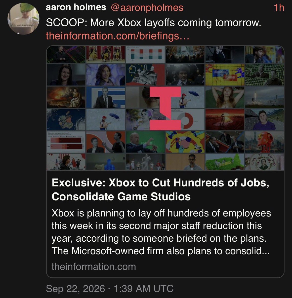 Mr_Rebs_'s tweet photo. The Information just reported that Xbox is laying off hundreds of employees tomorrow and plans to consolidate studios. #Xbox https://t.co/u6hQ9pVsGX