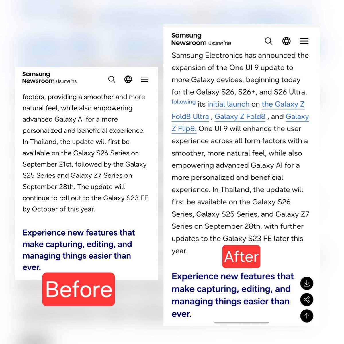 KotaTech7's tweet photo. 🚨 SAMSUNG JUST CHANGED ITS ONE UI 9 ROLLOUT DATES! 😳📱

Samsung Thailand’s newsroom initially listed September 21 for the Galaxy S26 series, followed by September 28 for the S25 and Z7 series. The current page now shows September 28 for the S26, S25 and Z7 series.

🔥 WHAT CHANGED?
• 📅 Earlier: S26 → Sep 21
• 📅 Now: S26 → Sep 28
• 📱 S25 + Z7 → Sep 28
• ⏳ S23 FE → October
• 🌍 Dates are specifically for Thailand; other markets can differ.

The confusing part? Samsung had already published September 21 as the S26 rollout date, so changing the regional schedule afterward definitely raises questions.

Samsung… why announce an exact date if the timeline can change later? 😭
