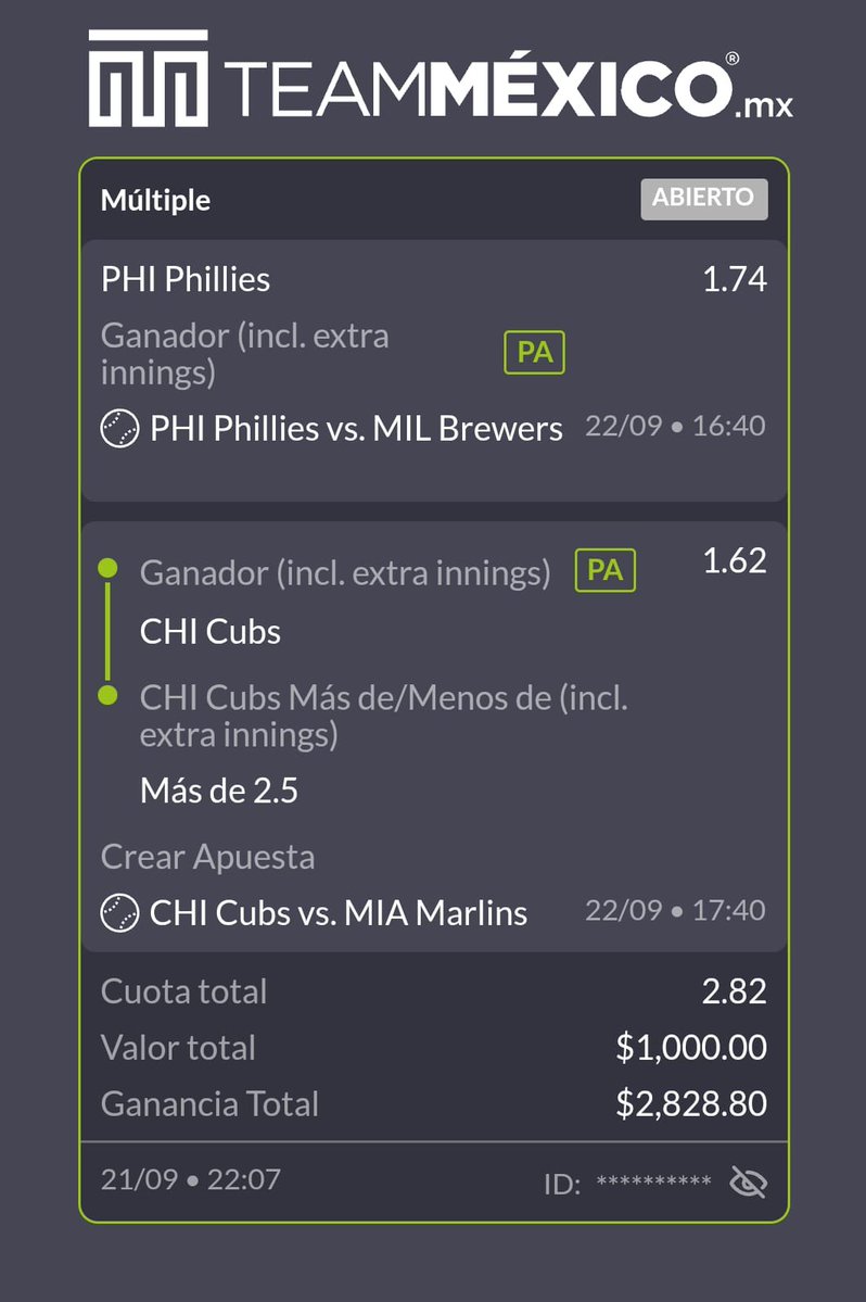ArraezApuestas's tweet photo. FREE PICK | MLB ⚾️🇺🇸🇺🇸🇺🇸
- PHI Phillies ML | 1.74
- CHI Cubs ML y más de 2.5 | 1.62
Misma fórmula, métanle derecha o en parley, venga cabrones se las dejo de una vez!!!
🆙️ 2.82 (+182) 🆙️ https://t.co/KHwI3cfQA9