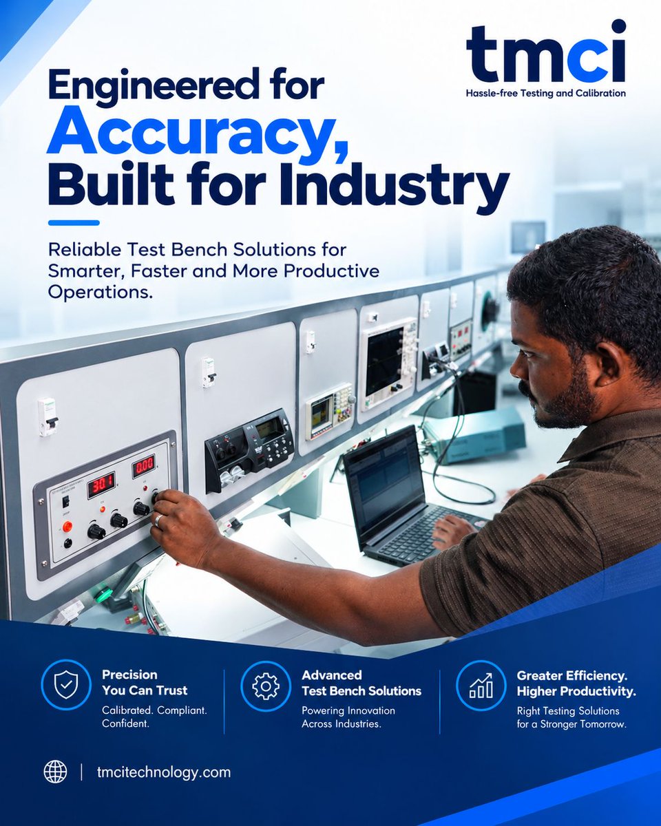 tmcitechnology's tweet photo. Engineered for accuracy. Built to power better performance. ⚙️

🌐 Website: https://t.co/XxXgDLe8DF

#TMCI #TestBench #TestingAndCalibration #CalibrationSolutions #TestBenchSolutions #IndustrialTesting #EngineeringSolutions #ElectronicsTesting #PrecisionEngineering https://t.co/MgseEd9xfT