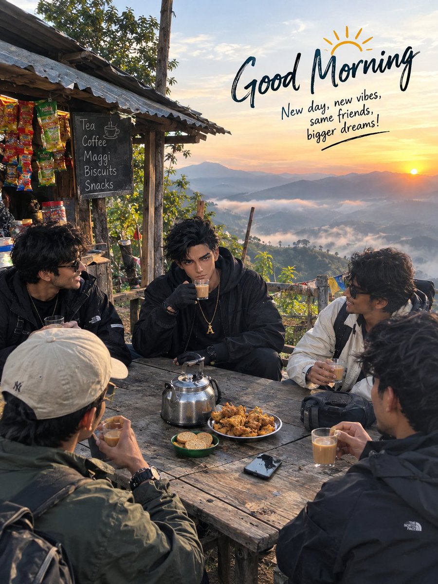 Akash546822's tweet photo. Good morning from the mountains! 
Fresh air, hot chai, and great friends — the perfect way to start the day. 
Good vibes • Great views • Best memories! https://t.co/KVblGHaqHJ