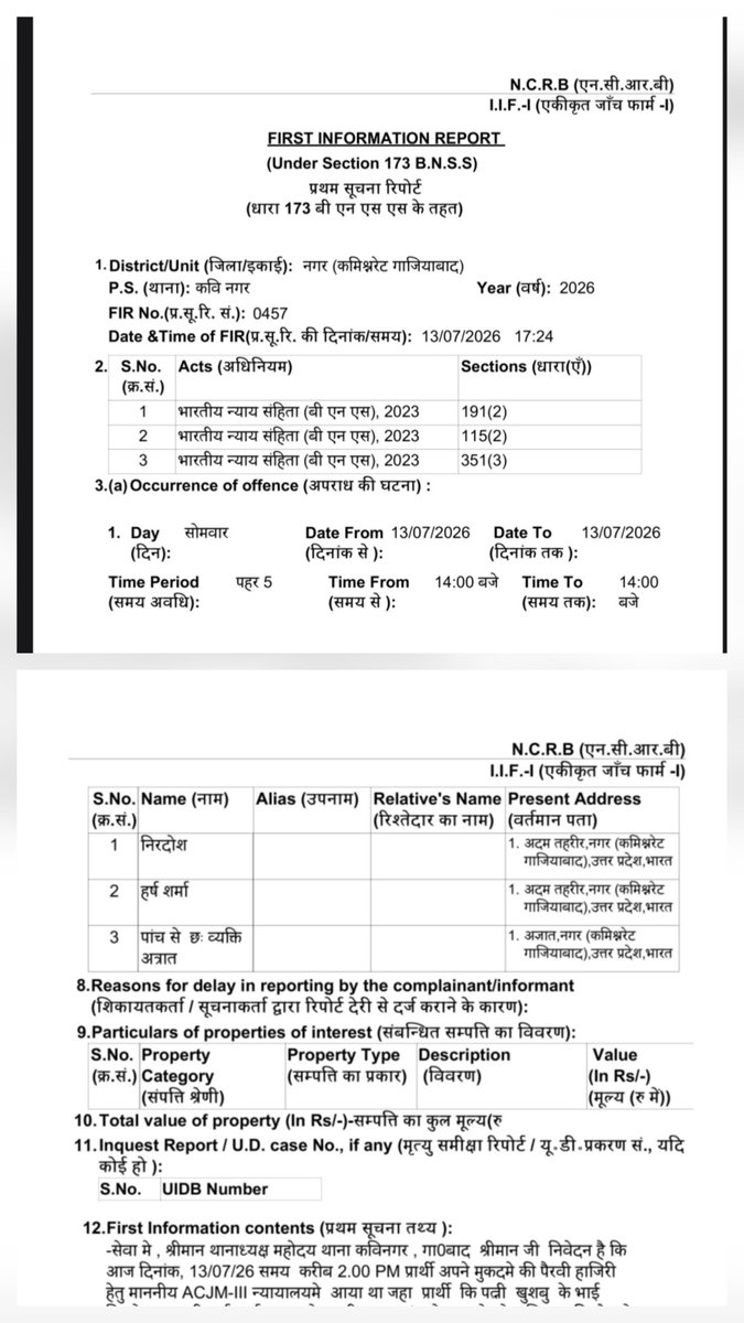 Hiteshp007007's tweet photo. @dm_ghaziabad  @GzbBar @HCBA6 @AllahabadC @barandbench  @Uppolice @ghaziabadpolice @dgpup @myogiadityanath @BJP4UP

गाजियाबाद में कानून-व्यवस्था और पुलिस की जवाबदेही पर गंभीर सवाल खड़े हो रहे हैं।सरकारी कर्मचारी/लेखपाल के साथ SDM/तहसील परिसर में घु���कर मारपीट करने के आरोप सामने आए, तथा बाद में उसका पीछा कर धमकी देने और जान को खतरा पैदा करने के भी आरोप लगाए गए।

अब एक  बच्चे को दिनदहाड़े  स बेरहमी से पीटने का मामला सामने आया है। साझा रिकॉर्ड में 2025–26 के दौरान कविनगर थाना क्षेत्र से संबंधित कई FIR और गंभीर BNS धाराएँ भी दिखाई देती हैं—जिनमें FIR 0897 (25.09.2025), 0457 (13.07.2026), 0622 (03.09.2026) और 0652 (19.09.2026) शामिल हैं।

सवाल यह है कि यदि समान व्यक्तियों/समूह से जुड़े गंभीर आरोप और मामले बार-बार सामने आ रहे हैं, तो प्रभावी preventive action कहाँ है? केवल FIR दर्ज होना पर्याप्त नहीं—कानून के अनुसार आवश्यक परिस्थितियाँ पूरी होने पर आगे की वैधानिक कार्रवाई क्यों नहीं हो रही?

साथ ही मारपीट, धमकी, counter-FIR, दबाव बनाकर पीड़ितों अथवा उनके बच्चों के नाम मुकदमों में शामिल करने और कथित रंगदारी मांगने जैसे आरोपों की भी स्वतंत्र एवं निष्पक्ष जांच होनी चाहिए।

@ghaziabadpolice से मांग है कि पूरे प्रकरण की व��िष्ठ अधिकारी से जांच, संबंधित व्यक्तियों का पूर्व आपराधिक रिकॉर्ड, सभी संबंधित FIR की विवेचना और अब तक की पुलिस कार्रवाई की समीक्षा कराई जाए  और गुंडा एक्ट/गैंगस्टर एक्ट सहित उचित वैधानिक कार्रवाई पर निर्णय लिया जाए।

वकील की पोशाक हो या कोई राजनीतिक/सामाजिक प्रभाव—कोई भी व्यक्ति कानून से ऊपर नहीं हो सकता।

@myogiadityanath @BJP4UP  गाजियाबाद की जनता का सवाल है: अगर अपराध के आरोप बार-बार सामने आते रहें और न��� घटनाएँ होती रहें, तो जवाबदेही किसकी तय होगी?

बच्चों और सरकारी कर्मचारियों की सुरक्षा सुनिश्चित करना तथा कानून का समान रूप से पालन कराना पुलिस-प्रशासन की जिम्मेदारी है। #Ghaziabad #rdcfight #जय_जय_श्री_राम #jawabdo