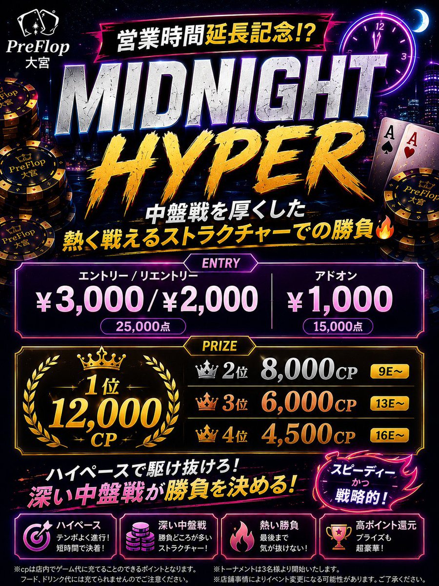 PreFlopOOMIYA's tweet photo. 9月22日（火）

13:00オープン✨

🔥本日の目玉イベント🔥

13:30～
【学割あり】初心者歓迎1kトーナメント
https://t.co/I7Fqg0ZFsu

🔰初心者さんにもオススメの1Kトーナメント！
お手頃価格で遊びやすく、さらに3位までプライズ獲得保証✨

✨ホリデーキャンペーン✨
学生証をご提示いただくと1stアドオン無料🔥

18:00～
MIDNIGHT HYPER
https://t.co/3ZLbyFzIni

🔥中盤戦を厚くした、熱く戦えるストラクチャー！
営業時間延長記念の特別開催です🎊

🎊シルバーウィーク特別企画🎊
オープンチャット参加者限定で、リングチップ購入が常時半額‼️

リングゲームも大歓迎！
初心者講習も随時受付中🔰

皆さまのご来店お待ちしております✨