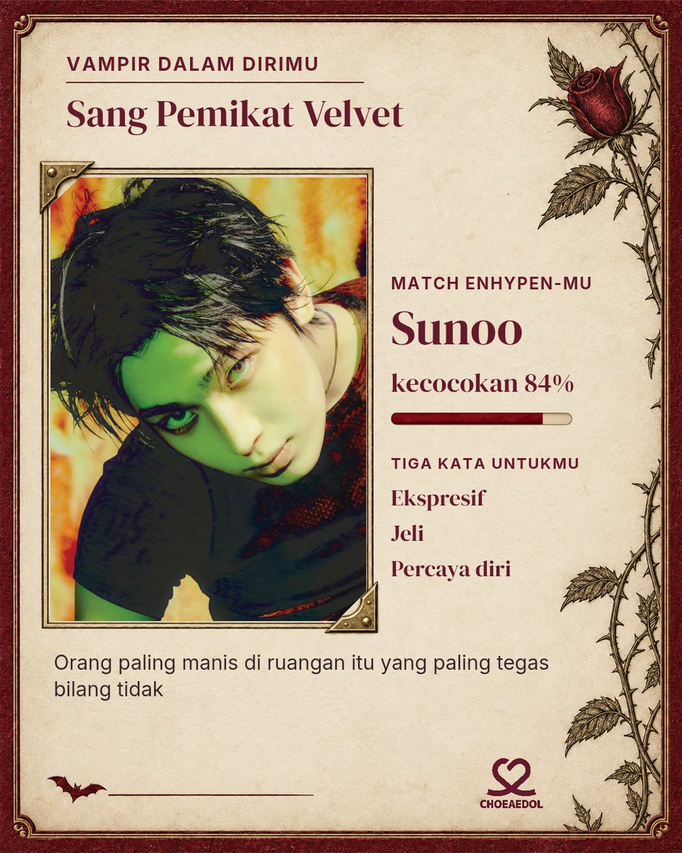 Nunucuno's tweet photo. Match my vampir Sunoo 🧛
EMANG SUNOO TUH JODOH SAYA🫶
#ENHYPEN #ENGENE #MyInnerVampire #Choeaedol
https://t.co/8Z6QBOVuo6 https://t.co/aEyLvlKZmn
