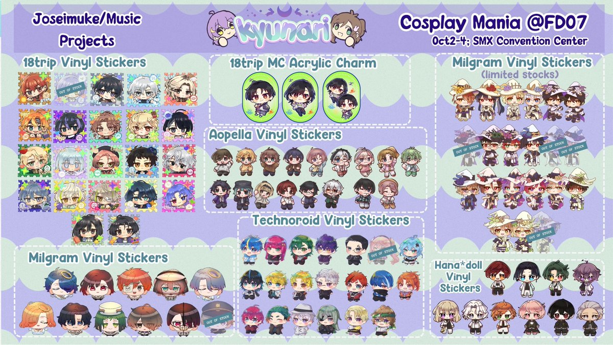 kyunari_shop's tweet photo. [RT 💜💚]

#CosplayMania2026 Catalog 

🌙a3, nu:c, blue lock, 18trip, ainana, lovelive, more joseimuke &amp; music projects
🌙stamp rally details to follow in thread!
🐰Table FD07, Oct 2-4 2026

#FanfairAtCosplayMania20206 https://t.co/Zim90k4hVe