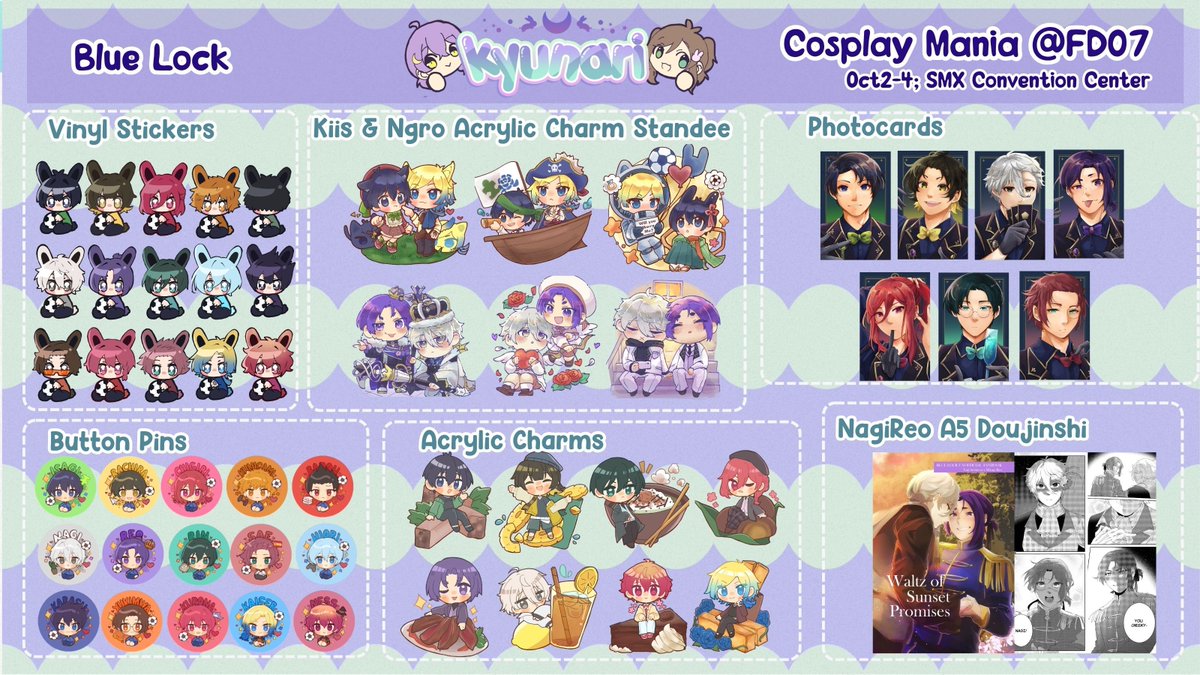 kyunari_shop's tweet photo. [RT 💜💚]

#CosplayMania2026 Catalog 

🌙a3, nu:c, blue lock, 18trip, ainana, lovelive, more joseimuke &amp; music projects
🌙stamp rally details to follow in thread!
🐰Table FD07, Oct 2-4 2026

#FanfairAtCosplayMania20206 https://t.co/Zim90k4hVe