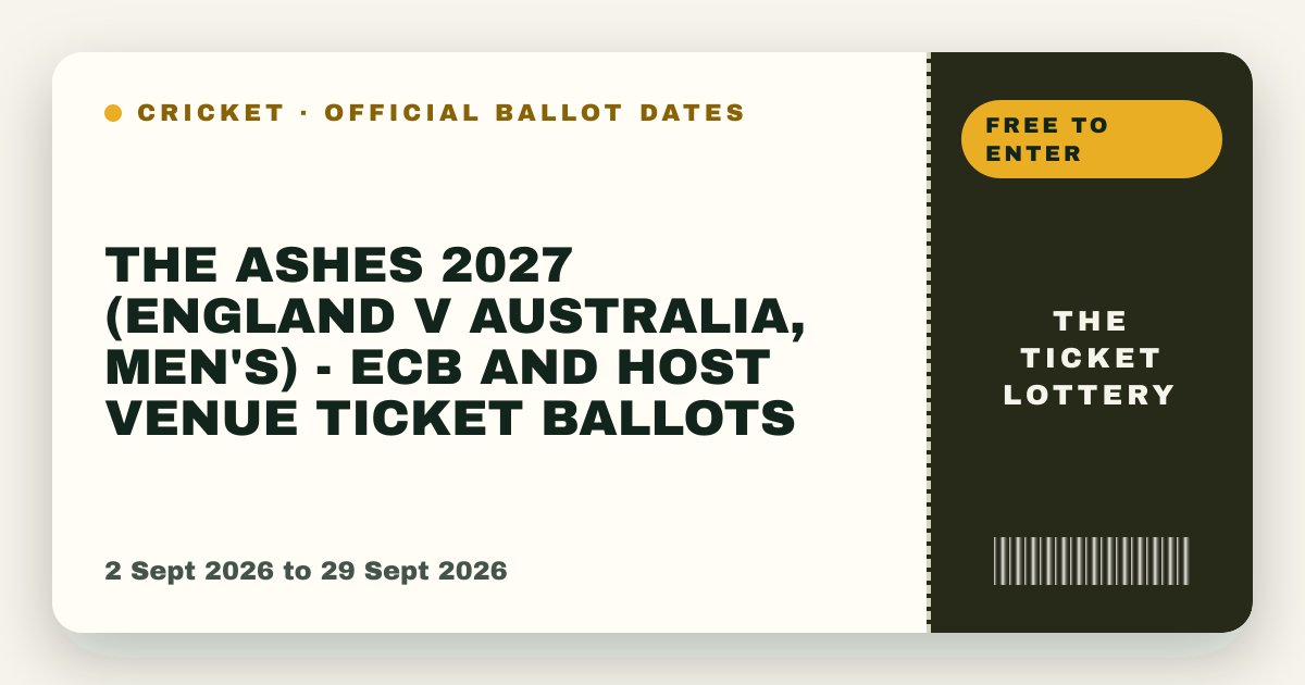 ticketlotteryhq's tweet photo. Final day for the 2027 England ballots on the ECB's dates: Trent Bridge, Edgbaston and the Utilita Bowl close at 23:59 UK time on 29 September. Lord's and the Kia Oval run their own later ballots, closing 26 October and 15 November. No ground has published an entry fee. https://t.co/LjrYs72rjw