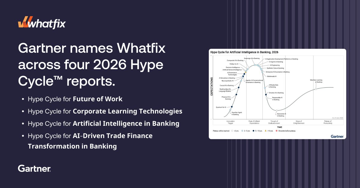 whatfix's tweet photo. Generative AI Simulation is officially on the enterprise technology radar.

And Whatfix is named across FOUR 2026 Gartner® Hype Cycle™ reports: 🔥

• Hype Cycle for 𝗙𝘂𝘁𝘂𝗿𝗲 𝗼𝗳 𝗪𝗼𝗿𝗸
• Hype Cycle for 𝗖𝗼𝗿𝗽𝗼𝗿𝗮𝘁𝗲 𝗟𝗲𝗮𝗿𝗻𝗶𝗻𝗴 𝗧𝗲𝗰𝗵𝗻𝗼𝗹𝗼𝗴𝗶𝗲𝘀
• Hype Cycle for 𝗔𝗿𝘁𝗶𝗳𝗶𝗰𝗶𝗮𝗹 𝗜𝗻𝘁𝗲𝗹𝗹𝗶𝗴𝗲𝗻𝗰𝗲 𝗶𝗻 𝗕𝗮𝗻𝗸𝗶𝗻𝗴
• Hype Cycle for 𝗔𝗜-𝗗𝗿𝗶𝘃𝗲𝗻 𝗧𝗿𝗮𝗱𝗲 𝗙𝗶𝗻𝗮𝗻𝗰𝗲 𝗧𝗿𝗮𝗻𝘀𝗳𝗼𝗿𝗺𝗮𝘁𝗶𝗼𝗻 𝗶𝗻 𝗕𝗮𝗻𝗸𝗶𝗻𝗴

Yes! Generative AI Simulation has finally arrived.

With AI Simulation in Banking being placed at the Innovation Trigger phase, this is just the launching pad, and Whatfix Mirror is making sure enterprises maximize it.

Learn more: https://t.co/XvM1XAiYQH

#whatfixmirror #digitaltransformation #whatfix #digitaladoption #thoughtleadership #gartner #aisimulation #ai