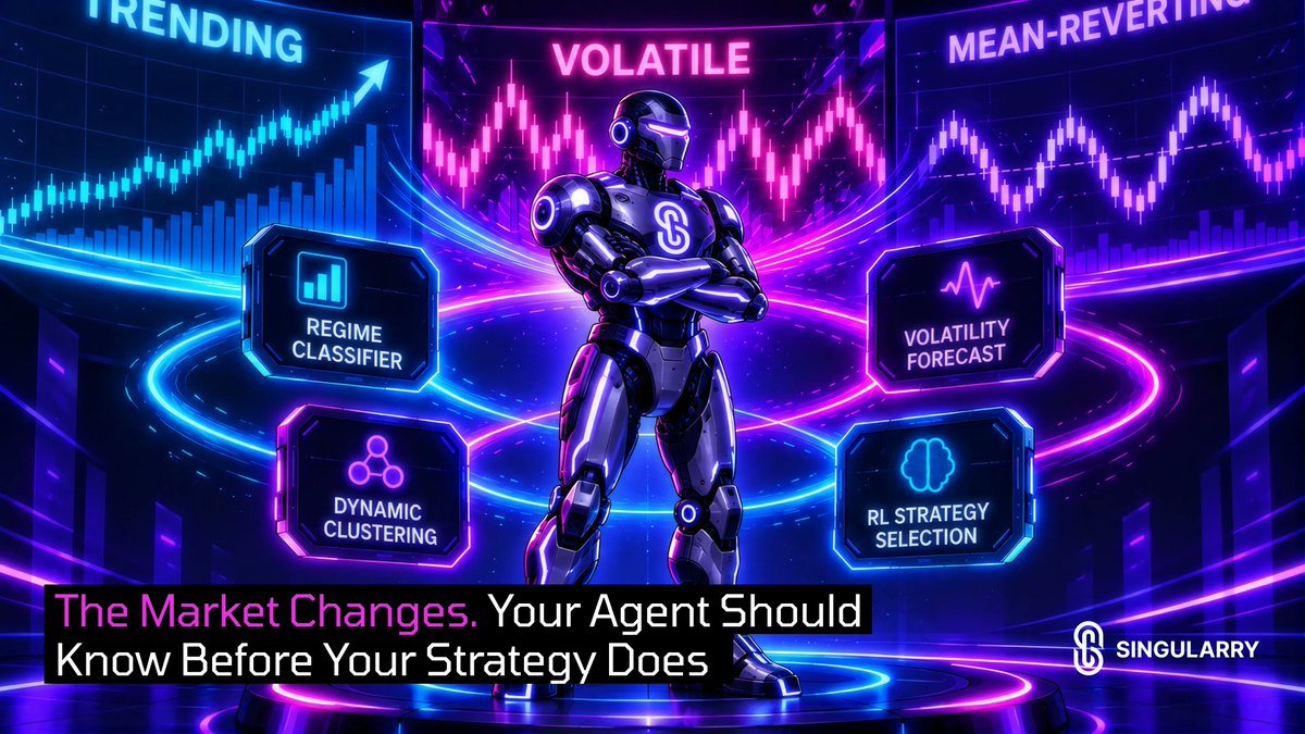 singularryai's tweet photo. The Market Changes. Your Agent Should Know Before Your Strategy Does. ⚡

In #DeFAI, automation shouldn’t mean running the same playbook in every market.
An #AiFi Agent has to recognize when the environment itself has changed.

That’s where #Singularry stands apart.

Our architecture goes beyond transaction automation with intelligence layers designed to interpret market conditions before capital is deployed:

🧭 Market Regime Classifier → identifies whether conditions are trending, volatile, or mean-reverting
📈 Volatility Forecaster → helps anticipate changing risk environments
🔗 Dynamic Clustering → groups shifting market behaviors into usable signals
🧠 RL Strategy Selection → supports adaptive decision-making across evolving conditions

Traditional bots follow static rules.
$Singularry Agents are built to read the market first, then decide how strategy should respond.

That’s the difference between automated execution and autonomous intelligence.

The future of finance won’t belong to bots that simply react.
It will belong to Agents that can understand the market before the strategy moves.

Experience the evolution of intelligent execution:
https://t.co/5o2HtMgUv0