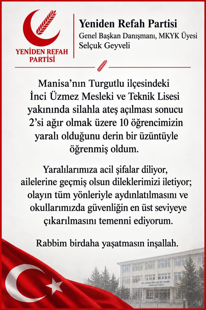 SelcukGeyveli's tweet photo. @erbakanfatih @rprefahpartisi @refahkadingm @gencrefah @milligenclikmgd @rprefahsakarya 

OKULLAR ÇOCUKLARIMIZIN SIĞINAĞI OLMALIDIR, 
KORKU ALANI DEĞİL!

Manisa Turgutlu’da 15 yaşındaki bir öğrencinin okul çevresinde silahla ateş açması ve çok sayıda öğrencimizin yaralanması hepimizi derinden sarsmıştır. Yaralılarımıza acil şifalar diliyor, ailelerine geçmiş olsun dileklerimizi iletiyoruz.

Ancak artık sadece olay olduktan sonra tepki vermek yetmez.

15 yaşındaki bir çocuk silaha nasıl ulaşıyor?
Bir çocuğun şiddete yönelmesinin işaretleri neden daha önce fark edilemiyor?
Okullarımızda rehberlik ve psikososyal destek yeterli mi?
Çocuklarımızın dijital dünyada maruz kaldığı şiddet kültürü ne kadar takip ediliyor?

Bunlar görmezden gelinemeyecek sorulardır.

Yeniden Refah Partisi olarak çocuklarımızın güvenliği konusunda okul kapılarında, okul çevrelerinde ve dijital dünyada daha güçlü koruyucu ve önleyici politikaların hayata geçirilmesini istiyoruz.

Silaha erişimin engellenmesi, okul çevrelerinin güvenliği, rehberlik servislerinin güçlendirilmesi, risk altındaki çocukların erken tespiti ve ailelere yönelik destek mekanizmaları birlikte ele alınmalıdır.

Çocuklarımızı sadece sınavlara değil, hayata da hazırlamak zorundayız.

Eğitim; yalnızca matematik, fizik ve sınav başarısı değildir.
Ahlak, merhamet, sorumluluk, aile ve güvenli bir toplum da eğitimin temelidir.

Bir daha hiçbir anne-baba, çocuğunu okula gönderirken
“Acaba bugün başına bir şey gelir mi?”
endişesi yaşamamalıdır.

Çocuklarımız bizim geleceğimizdir.
Geleceğimizi korumak hepimizin sorumluluğudur.
