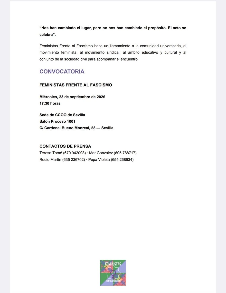 ctxt_es's tweet photo. La universidad de Sevilla @unisevilla ha vetado un acto en favor de la democracia y contra el fascismo porque se trata de un acto político. Ni a favor ni en contra de la democracia. Ni a favor ni en contra del fascismo.

Aquí, la denuncia de Feministas Frente al Fascismo: https://t.co/h6ii59Urrn