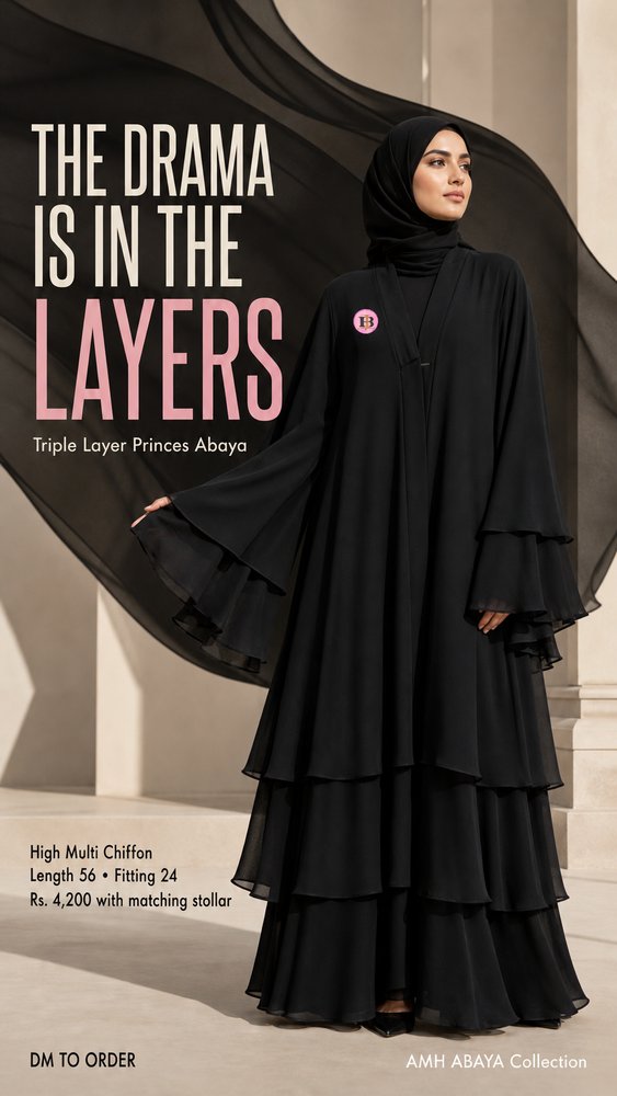 SpMasoom's tweet photo. AMH ABAYA HUB
Triple Layer Princess Chiffon Abaya
Step into elegance with High Multi Chiffon &amp; a graceful flare!
Stuff High Multi Chiffon
Length 56
Fitting 24
Matching Stollar Add
Price 4500
#AMHAbayaHub #AbayaPakistan #ModestWear #OnlineShoppingPK #LadiesFashionPK #HijabFashion https://t.co/zwmBgo4XD1