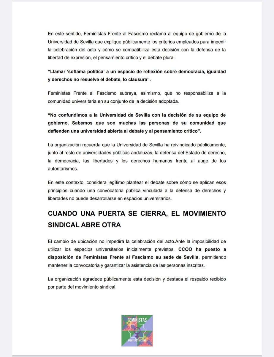 ctxt_es's tweet photo. La universidad de Sevilla @unisevilla ha vetado un acto en favor de la democracia y contra el fascismo porque se trata de un acto político. Ni a favor ni en contra de la democracia. Ni a favor ni en contra del fascismo.

Aquí, la denuncia de Feministas Frente al Fascismo: https://t.co/h6ii59Urrn