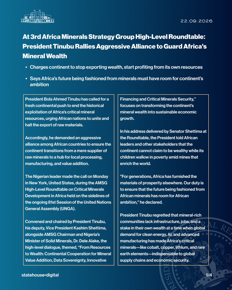 NGRPresident's tweet photo. At 3rd Africa Minerals Strategy Group High-Level Roundtable: President Tinubu Rallies Aggressive Alliance to Guard Africa's Mineral Wealth

• Charges continent to stop exporting wealth, start profiting from its own resources
• Says Africa's future being fashioned from minerals must have room for continent's ambition

@officialABAT | @officialSKSM