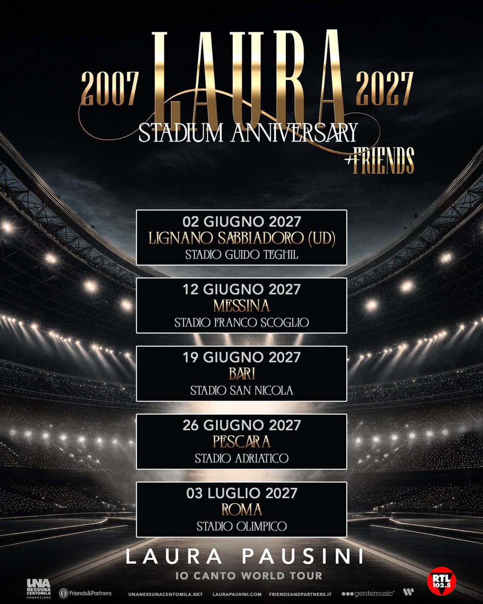 LauraPausini's tweet photo. Il 2027 per me sarà un anno particolare. Un anno che porta con sé una storia lunga vent’anni.

Nel 2007 sono stata la prima artista donna a cantare in uno stadio in Italia. E quello stadio era il tempio di San Siro.

Ricordo ancora l’emozione di quella prima volta, la paura, l’energia, il rumore di tutte quelle voci insieme (e anche della pioggia!). Un sogno che allora sembrava enorme e che ha cambiato per sempre una parte della mia vita.

La prossima estate, 20 anni dopo, torno negli stadi.

Torno per celebrare quella prima volta e tutto quello che è successo da allora.
Torno con la nostra musica, con la nostra storia e con voi.

Questa volta porto con me anche UNA NESSUNA CENTOMILA per continuare a tenere alta l’attenzione sulla violenza contro le donne e, soprattutto, continuare a raccogliere fondi per sostenere concretamente i centri antiviolenza.

Un palco può essere una festa, ma può anche diventare una voce.
E se quella voce può servire a far sentire meno sola anche una sola donna, allora voglio continuare a usarla.

Vent’anni dopo torniamo negli stadi e questa volta vengo io da voi. Nel 2007 siete stati voi a raggiungermi a San Siro, oggi voglio provare a restituirvi quell’abbraccio.

Non ci ritroveremo a San Siro, ma a Lignano, Messina, Bari, Pescara e Roma.
Ancora una volta insieme. Solo un po’ più vicini.

Ci vediamo lì. 🤍

TICKETS HERE: https://t.co/AHwkMoQ6PO